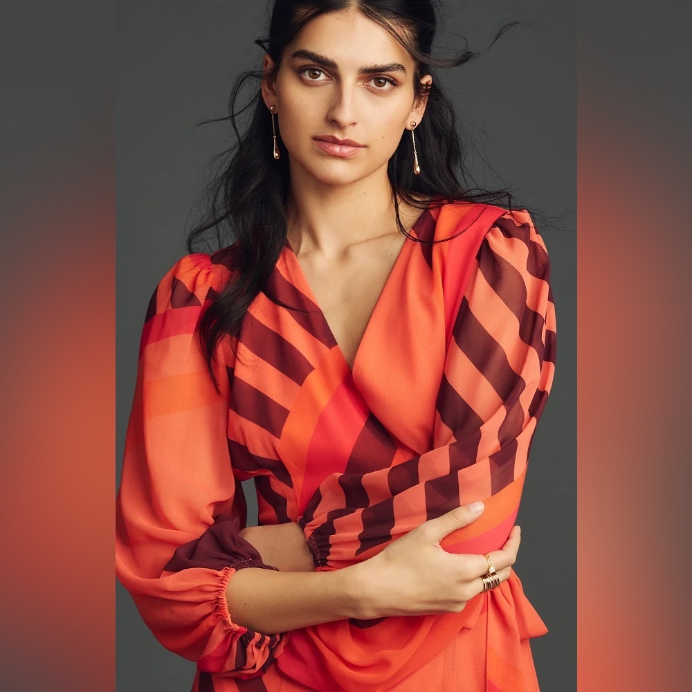 Hutch Lindie Geo Print Long Sleeve Wrap Dress Small Coral Lined NWT $297 - Picture 2 of 5